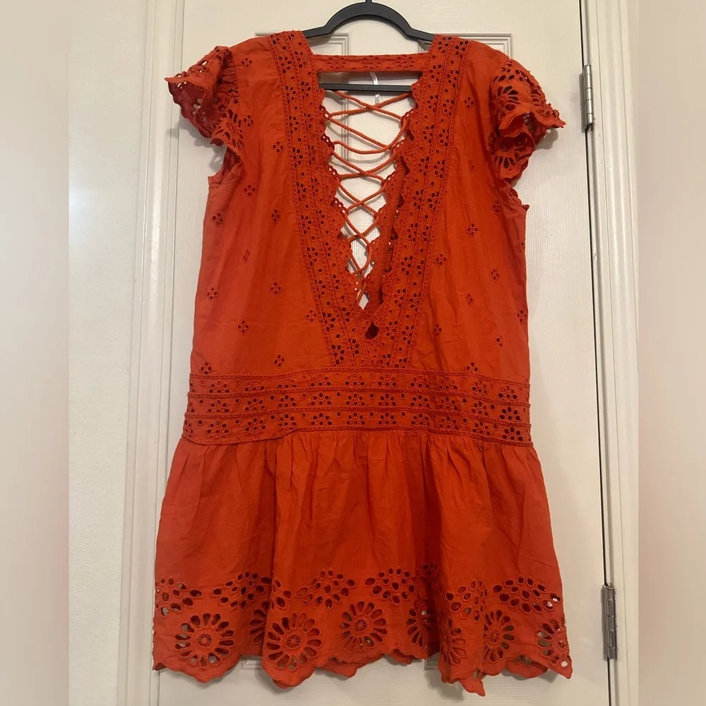 Free People Rust Orange Lace-Up Eyelet Mini Dress